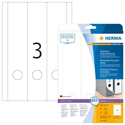 Obrázek HERMA 10180 hřbety pořadačů, štítky na pořadače, odstranitelné, dlouhé, široké, 25 listů, 59 x 297 mm, 3 arch A4, 75 kusů, samolepicí, potiskovatelné, neprůhledné, papírové pořadače