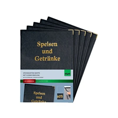 Obrázek SIGEL SM101/5 Desky na jídelní lístky pro A5, menu, balení po 5 kusech s gumovou vazbou, černé se zlatou ražbou, odolné a snadno omyvatelné