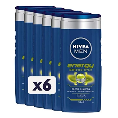 Obrázek NIVEA MEN Energy Duschshampoo 6 x 250 ml, revitalisierender Duschschaum für Körper, Gesicht und Haare, erfrischend mit Minzextrakt