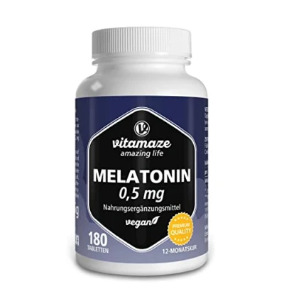 Obrázek Vysoká dávka melatoninu, 180 veganských tablet na 12 měsíců, 0,5 mg melatoninu v denní dávce, bez nežádoucích přísad, vyrobeno Německu