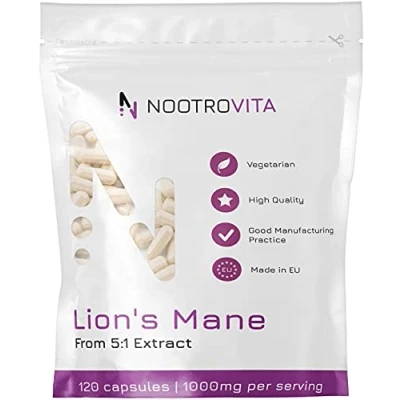 Obrázek Lions Mane Mushroom 120 kapslí lví hříva houba 2 měsíce! prémiový duální extrakt z ovocného těla 1000 mg léčivá Hericium Erinaceus veganská, bez umělých plniv Nootrovita