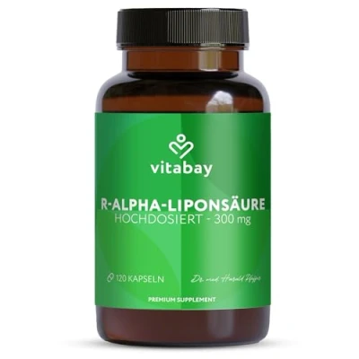 Obrázek Vitabay R Alpha kyselina lipoová 300 mg 120 veganských kapslí ve vysokých dávkách biologicky dostupné, laboratorně testováno a vyrobeno z vysoce kvalitních surovin antioxidanty Lipoic Acid