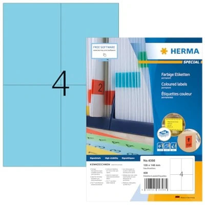 Obrázek HERMA 4398 barevné etikety modré, 100 listů, 105 x 148 mm, 4 na arch A4, 400 kusů, samolepicí, potisknutelné, matné, prázdné papírové štítky nálepky