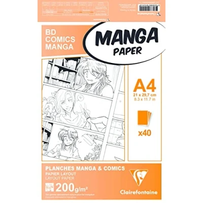 Obrázek Clairefontaine 94044C Manga Etui BD/Comic (DIN A4, 21 x 29,7 cm, 40 Blatt, 200 g, geeignet für Filzmarker mit Alkohol, Packung Bögen) weiß
