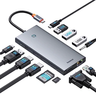 Obrázek Baseus USB C dokovací stanice 3 monitory, 13 v 1 rozbočovač s 2 HDMI 4K@60 Hz, DisplayPort 4K@120 VGA, 3. 10 Gbps přenos dat, PD 100 W a Ethernet pro notebooky Dell/HP/Lenovo/Surface