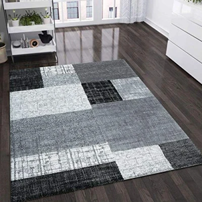 Obrázek VIMODA Koberec do obývacího pokoje s krátkým vlasem designové koberce v černé šedé a bílé kachlovém vzhledu kostkované snadná péče, rozměry: 80 x 300 cm