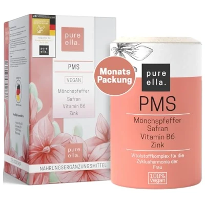 Obrázek Pure Ella Komplex vitálních látek Pro ženy obsahuje mnichový pepř, ženský plášť, šafrán, vitamín C, B6 a zinek období před menstruací přírodní, bez hormonů, veganské 60 kapslí
