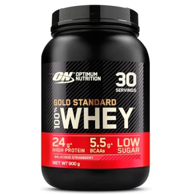Obrázek Optimální výživa ON Gold Standard Whey Protein Powder, proteinový prášek pro budování svalů, přirozeně obsažený BCAA a glutamin, Delicious Strawberry, 30 porcí, 908g, balení se může lišit