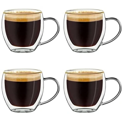 Obrázek Creano dvoustěnné sklenice na espresso s uchem, 4dílná sada 100 ml, moka konvičky, termosklenice plovoucím efektem