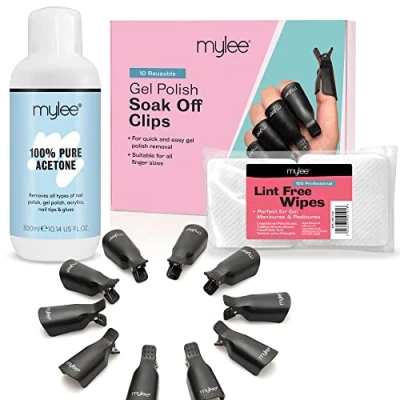 Obrázek Mylee Gel Nagellackentferner Set Reines Aceton 300 ml, 100 Fusselfreie Tücher, 10 Stück Soak Off Nagelclips Nagellackentferner, Entfernungs Pads, Wiederverwendbare Clips, Maniküre, Pediküre