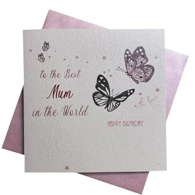 Obrázek White Cotton Cards narozeninová pohlednice s nápisem &quot;Best MUM IN THE WORLD Happy Birthday&quot;, ručně vyrobeno, vintage design motýly