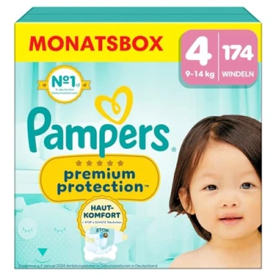 Obrázek Pampers Dětské plenky velikost 4, Premium Protection, x174, 9 kg 14 kg, dvojitá ochrana pro pohodlí pokožky a proti vytékání