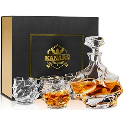 Obrázek KANARS Sada karafy a skleniček Whisky Dekanter 750 ml se 4 sklenicemi o objemu 320 ml, křišťálové sklo kelímek na whisky, vysoká kvalita, luxusní dárek, 5dílný