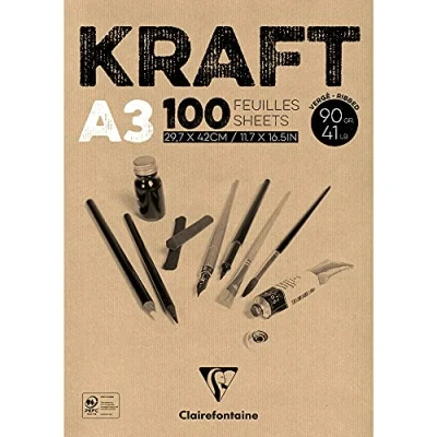 Obrázek Clairefontaine 96546C kraftový papír blok (lepený, ideální pro suché techniky, 100 listů, DIN A3, 29,7 x 42 cm, 90 g), hnědý