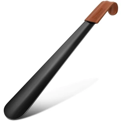 Obrázek ZOMAKE lžíce na boty kovová dlouhá 42 cm dlouhé nazouváky bot ušlechtilá ocel Shoe Roh, černá stabilní s koženým úchytem pro kozačky (černé)
