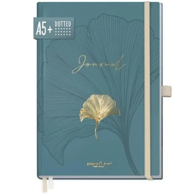 Obrázek paper&amp;you® Premium Bullet Journal dotted A5 &quot;Blue Ginkgo&quot; poznámkový blok puntíkovaný, 188 stran extra silný papír, deník s punchetingem trvalý a šetrný k klimatu