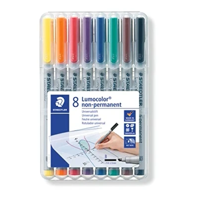 Obrázek STAEDTLER Univerzální tužka Lumocolor non permanent, široký klínový hrot cca 1,0 2,5 mm, omyvatelný vlhkým hadříkem, pro téměř všechny povrchy, 8 fóliových per v různých barvách, 312 WP8