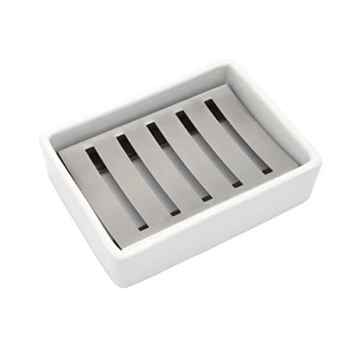 Obrázek Lofekea Keramická miska na mýdlo, nerezový držák mýdlo do koupelny a sprchy, Double Layer Draining Soap Box