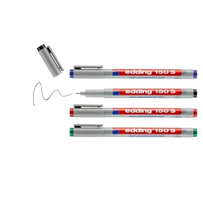 Obrázek edding 150 S non permanentní popisovač 4dílná sada černá, červená, modrá, zelená tužka 0,3 mm pro psaní na sklo, plast a hladké povrchy rychleschnoucí, korigovatelné vodou
