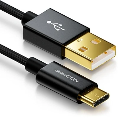 Obrázek deleyCON 0,5m USB C kabel nabíjecí datový nylon + kovová zástrčka na A kompatibilní s Apple Samsung Google Huawei Xiaomi Tablet Laptop PC černý
