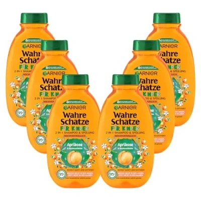 Obrázek Garnier Šampon pro děti, jemný pečující šampon 2 v 1 citlivé vlasy a snadné rozčesávání, s meruňkou bavlněným květem, Wahre Schätze Kids, 6 x 250 ml