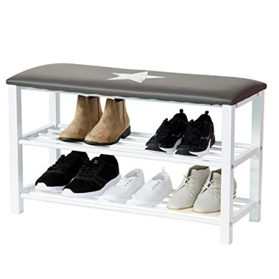 Obrázek Love IT Store regál na boty s lavicí úzká lavice se 2 přihrádkami pohodlná a velmi stabilní šedá/bílá hvězdou 80 x 30 48 cm