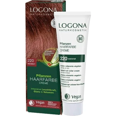 Obrázek LOGONA Naturkosmetik Rostlinná barva na vlasy krémová 220 vínově červená, červená přírodní s hennou, veganský barevný krém pro trvalé barvení, šetrné barvení lesklé vlasy, 150 ml