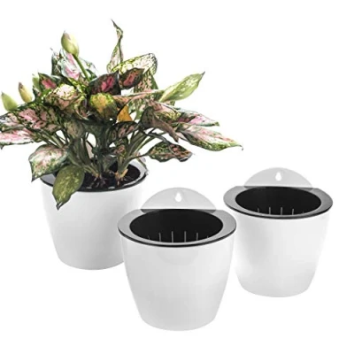 Obrázek 3er Pack Hängende Pflanzgefäße Selbstbewässernde vertikale Wandmontage Fenster hängen runde Kunststoffbehälter Indoor Outdoor Pflanzen Blumen Küche Living Herbs Holder Dekor Dekoration Weiß 3*Large