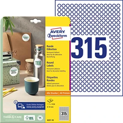 Obrázek AVERY Zweckform 6221 10 kulatých etiket (3 150 lepicích bodů, Ø mm na A4, kulaté nálepky k potisku, samolepicí etikety výrobky, trvale přilnavé marmeládu) listů, bílá
