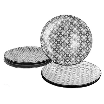 Obrázek Ard&#039;time Sada s 6 velkými, černo bílým potiskem, ploché, elegantní nádobí, talíř ze 100% porcelánu, kolekce KOMAE, geometrických panachových designů, 26 x 2 cm,