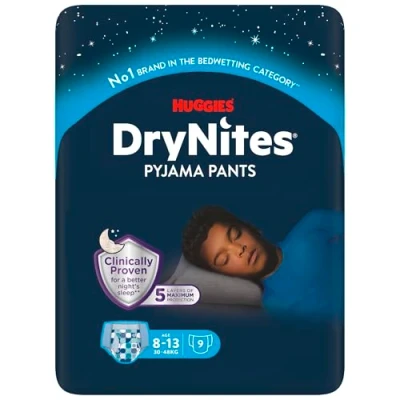 Obrázek Vysoce absorpční noční plenky Huggies DryNites při pomočování, pro chlapce 815 let (2757 kg), 27 kusů, plenkové kalhotky