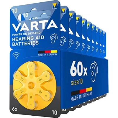 Obrázek VARTA baterie pro naslouchátka typ 10 žlutá, 60 kusů, Power on Demand, wireless approved, velikost p naslouchadla a sluchadla, Made in Germany