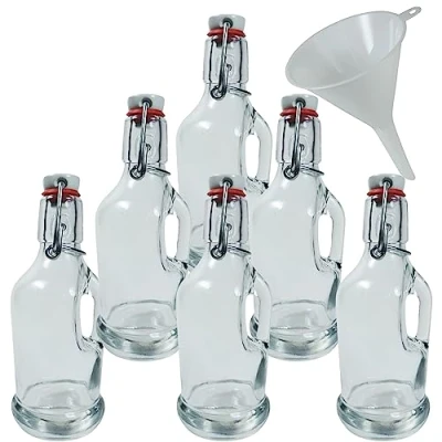 Obrázek 6 skleněných lahviček/galone 200 ml s třmenovým uzávěrem pro vlastní naplnění vč. bílé plnicí trychtýře Ø 9 cm