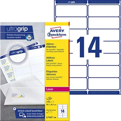 Obrázek AVERY Zweckform L7163 100 štítek na adresu / nálepka (s ultragrip, 99,1x38,1 mm DIN A4, potisk, samolepicí, pro C5/6 a C6/5 DL dopisní obálka) bílá, bílá