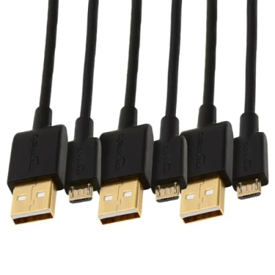 Obrázek Amazon Basics USB A na Micro 2. 0 kabel, přenosová rychlost 480 Mbit/s, s pozlacenými konektory, 3 kusy, 0,9 m, černý