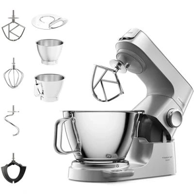 Obrázek Kenwood Titanium Chef Baker KVC85.004SI kuchyňský robot s integrovanou váhou, vč. 3dílné cukrářské sady, míchací mísy 5 l a 3,5 l, plynulý regulátor rychlosti, 1200 W, stříbrný