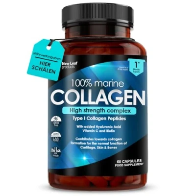 Obrázek Čistý mořský kolagen, 100% kolagen typu 1, 1470 mg hydrolyzované kolagenové peptidy, vysoce účinný s vitaminem C a kyselinou hyaluronovou alternativa k kolagenovému prášku, 60
