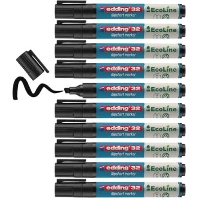 Obrázek edding 32 EcoLine Flipchartmarker černý 10 tužek klínový hrot 15 mm pro psaní, kreslení na flipchartech inkoust neprorazí papír nevysychá doplňovací