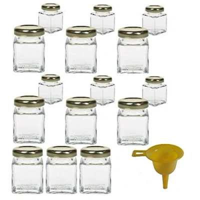 Obrázek Viva domácí potřeby 15 x sklenice na marmeládu / koření 50 ml se zlatým šroubovacím uzávěrem, sada sklenic s víkem koření, džem, sůl atd. použitelné (vč. nálevky)