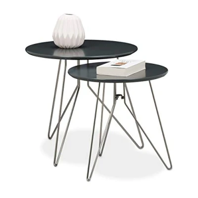 Obrázek Relaxdays Servírovací stolek, sada 2 ks stolů do obývacího pokoje, ze dřeva s šedými matnými stolními deskami o průměru 48 a 40 cm, jako konferenční stolek telefonní stůl ve dvou různých velikostech, šedá matná