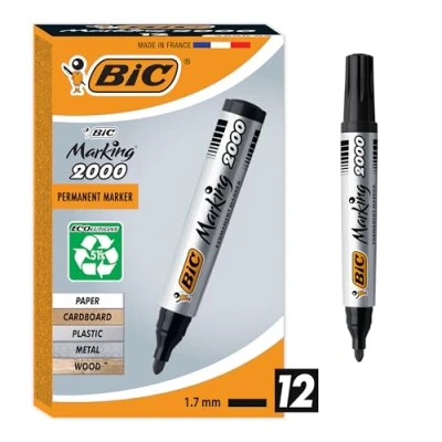 Obrázek BIC Marking 2000 permanentní značkovač, v černé barvě, voděodolné pero na sklo, kov, dřevo &amp; Co, tloušťka linky 1,7 mm, 12 kusů (1 balení)