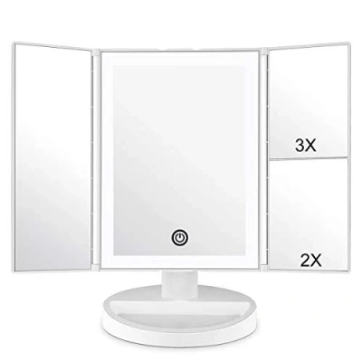 Obrázek WEILY Kosmetické zrcátko s LED osvětlením a dotykovou obrazovkou, zvětšení 1X/2X/3x, otáčení o 180, provoz na baterie přes USB (bílé)