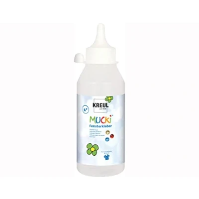 Obrázek KREUL 42802 Mucki lepidlo na okna, láhev 250 ml, bez parabenů, lepek, laktózy, veganské, rozpouštědel, zápachu, omyvatelné, vhodné pro nalepení okna a kutilské práce