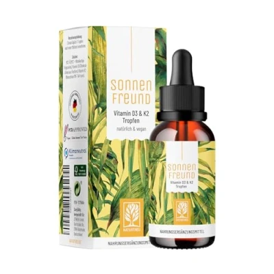 Obrázek NATURTREU® Vitamín D3 K2 kapky ve vysokých dávkách a veganské 100% rostlinné (bez zvířecího lanolinu) 1000 IU vitamínu D + vitamin milovník slunce