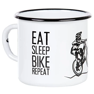 Obrázek MUGSY I smaltovaný hrnek Eat Sleep Bike Repeat bílý, 330 ml, na kolo a motorkáře s nápisem motiv horského kola
