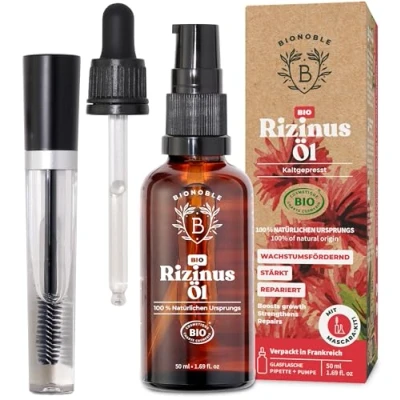 Obrázek Bionoble Ricinový olej bio 50 ml 100 % čistý, přírodní, lisovaný za studena řasy, obočí, vlasy, nehty vegan, Cruelty Free Castor Oil skleněná láhev + pipeta pumpička řasenka Kit