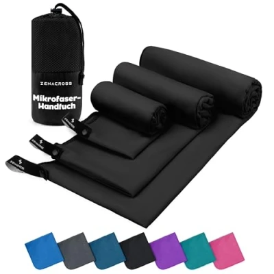 Obrázek ZENACROSS Ručníky z mikrovlákna 3dílná sada s přepravním sáčkem rychleschnoucí a univerzální fitness ručník velikosti sportovních ručníků XS, S, M černý