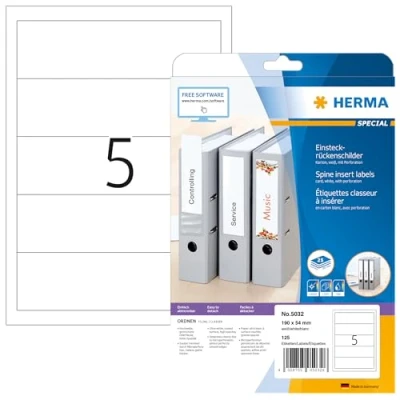 Obrázek HERMA 5032 zasouvací zadní štítky pro pořadače perforované krátké, široké, 25 listů, 190 x 54 mm, 5 na arch A4, 125 kusů, lze potisknout, matné, blanko karton vkládací štítky, bílé