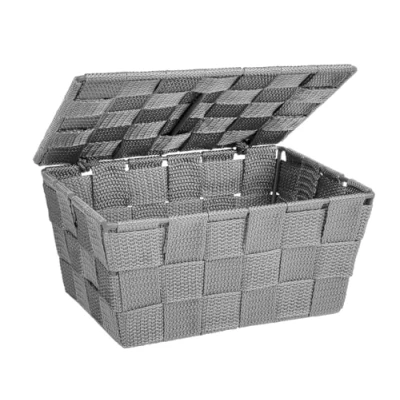 Obrázek WENKO Koupelnový koš s víkem Mod. Adria moderní úložný box do koupelny a domácnosti, stylová šedá z PP pletiva kovovými tyčemi, rozměry 19 x 10 14 cm