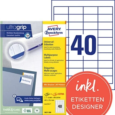 Obrázek AVERY Zweckform Univerzální etikety 3657 200 (8 000 plus 800 samolepicích etiket navíc, 48,5 x 25,4 mm na A4, papír matný, individuálně potisknutelné, samolepicí nálepky s ultragrip) 220 listů, bílá